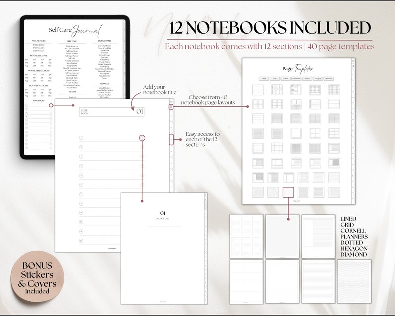 May include: A digital illustration of a self-care journal with 12 notebooks, each with 12 sections and 40 page templates. The image shows a variety of page layouts, including lined, grid, Cornell planners, dotted, hexagon, and diamond. The text "12 NOTEBOOKS INCLUDED" is displayed at the top of the image. The text "Each notebook comes with 12 sections | 40 page templates" is displayed below the title. The text "Page Templates" is displayed above the page layout examples. The text "LINED, GRID, CORNELL PLANNERS, DOTTED, HEXAGON, DIAMOND" is displayed on the right side of the image.