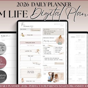 May include: A digital planner for 2026, labelled "MOM LIFE Digital Planner." The image shows daily and weekly layouts, with the text "Over 100 Templates." The planner is dated from Nov. 25 to Dec. 26.
