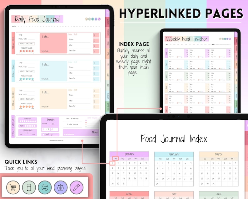 May include: A digital planner with a daily food journal, weekly food tracker, and food journal index. The planner has a pink, blue, and yellow color scheme and includes hyperlinked pages.