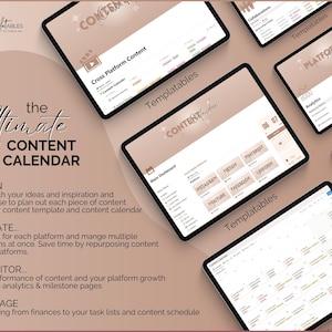 May include: A digital illustration of a content calendar template with the text "the Ultimate CONTENT CALENDAR" and bullet points describing the steps to plan, create, monitor, and manage content. The illustration features a tablet screen with a calendar grid and a dashboard with social media platform icons.
