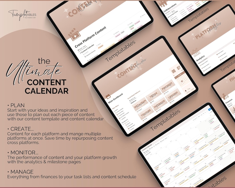 May include: A digital illustration of a content calendar template with the text "the Ultimate CONTENT CALENDAR" and bullet points describing the steps to plan, create, monitor, and manage content. The illustration features a tablet screen with a calendar grid and a dashboard with social media platform icons.