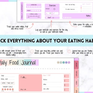 May include: A pink and blue daily food journal with a calendar for tracking meals, meal size, hunger scale, and how you feel before, after, and 2 hours after eating. The journal also includes space to track your water intake, fruit, stress levels, exercise, and notes.