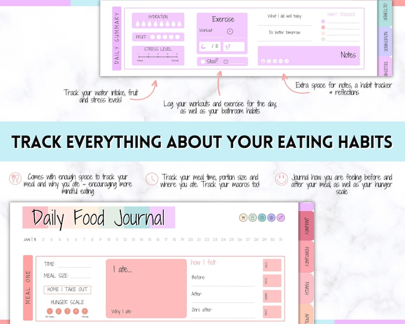 May include: A pink and blue daily food journal with a calendar for tracking meals, meal size, hunger scale, and how you feel before, after, and 2 hours after eating. The journal also includes space to track your water intake, fruit, stress levels, exercise, and notes.