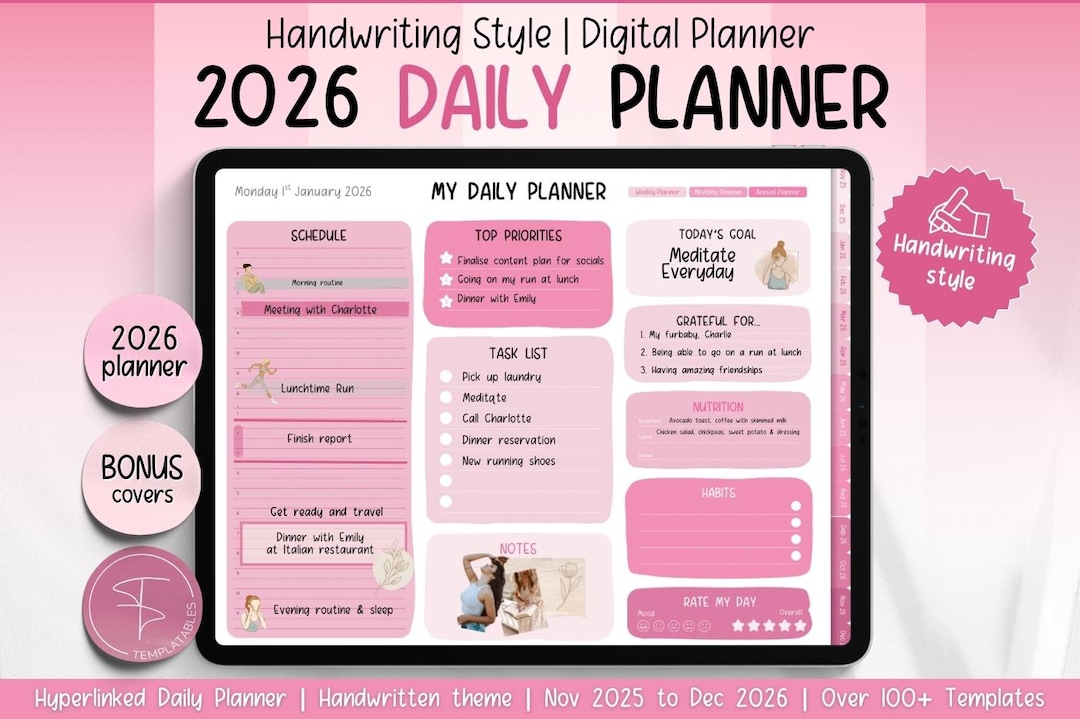 2026 Digital Daily Planner for Goodnotes in Cute, Handwritten, Pink ...