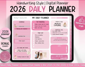 2026 Digital Daily Planner for Goodnotes in cute, handwritten, pink theme