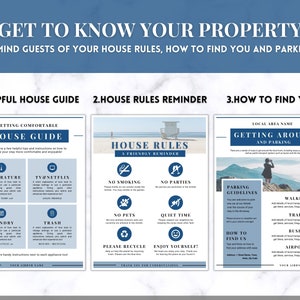 May include: A set of three informational posters with a blue and white color scheme. The posters provide house rules, a house guide, and local area information. Text includes "House Guide", "House Rules", and "How to Find Us".