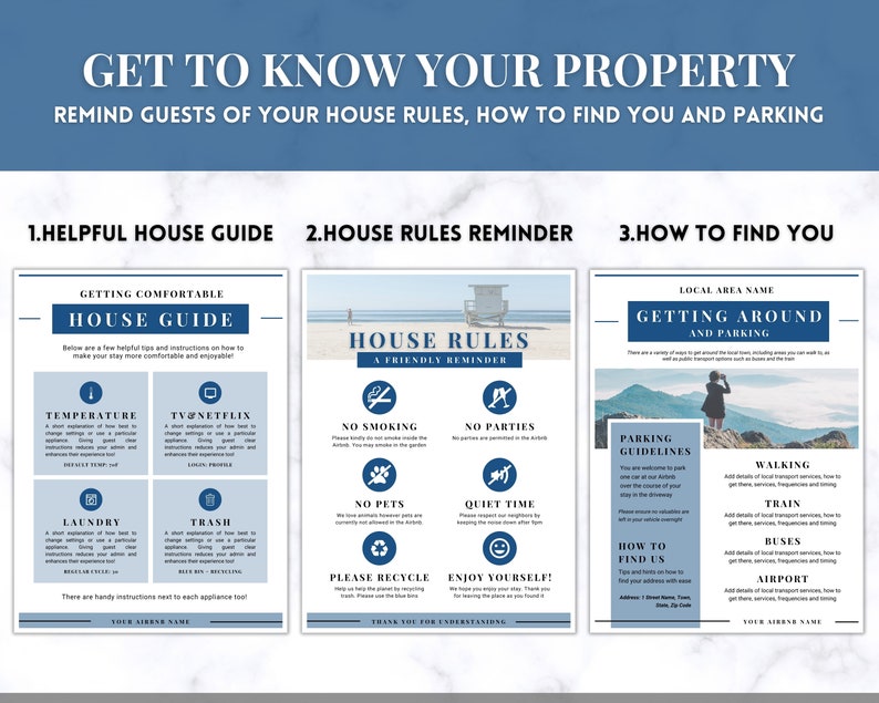 May include: A set of three informational posters with a blue and white color scheme. The posters provide house rules, a house guide, and local area information. Text includes "House Guide", "House Rules", and "How to Find Us".