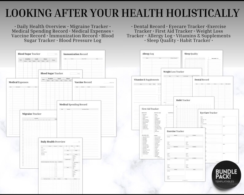 K&ouml;nnte beinhalten: Ein druckbares B&uuml;ndel von Gesundheits-Tracker-Vorlagen. Die Vorlagen umfassen Tracker f&uuml;r Blutzucker, Gewichtsabnahme, Schlafqualit&auml;t, Bewegung, Erste Hilfe, Vitamine und mehr. Der Text "Bundle Pack!" befindet sich in der unteren rechten Ecke.