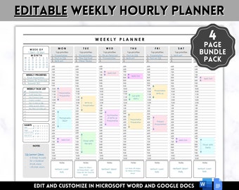 May include: A printable weekly planner with hourly time slots for each day of the week. The planner includes sections for top priorities, weekly tasks, habits, and notes. The planner is designed to be edited and customized in Microsoft Word and Google Docs. The planner is part of a 4-page bundle pack.