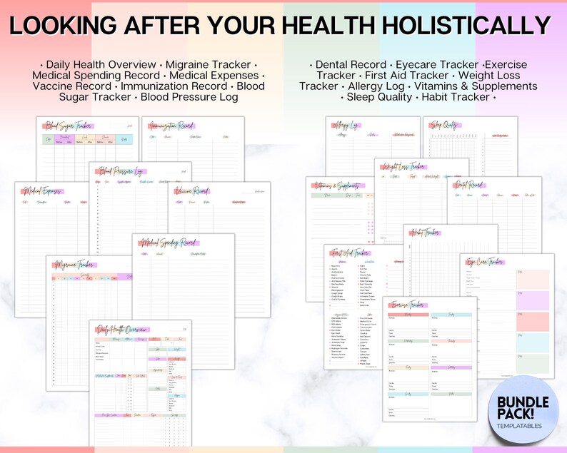 May include: A printable bundle of health trackers with a pink, blue, and yellow color scheme. The trackers include a daily health overview, migraine tracker, medical spending record, medical expenses, vaccine record, immunization record, blood sugar tracker, blood pressure log, dental record, eyecare tracker, exercise tracker, first aid tracker, weight loss tracker, allergy log, vitamins and supplements tracker, sleep quality tracker, and habit tracker.