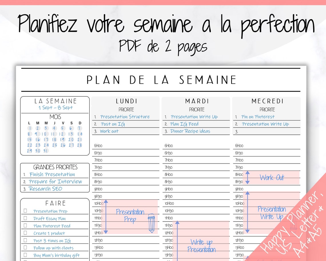 FRENCH Weekly Planner Printable Français Hourly Planner Etsy