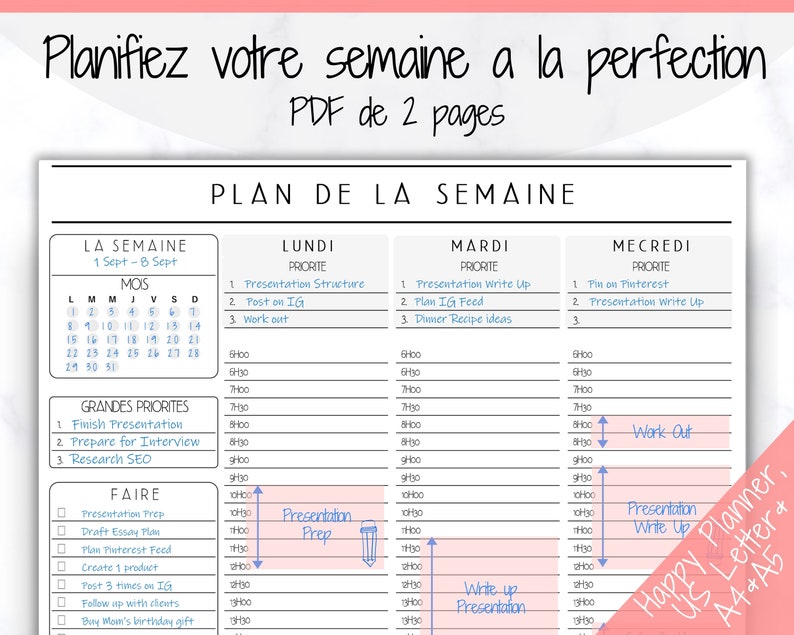 FRENCH Weekly Planner Printable Français Hourly Planner Etsy