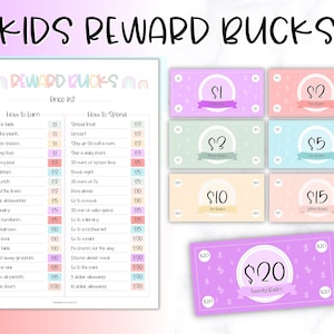 EDITIERBARE Kids Reward Bucks, Mom Bucks, Kids Reward Coupons, Aufgabentabelle für Kinder, Kinderspielgeld, Belohnungssystem, druckbares Spielgeld