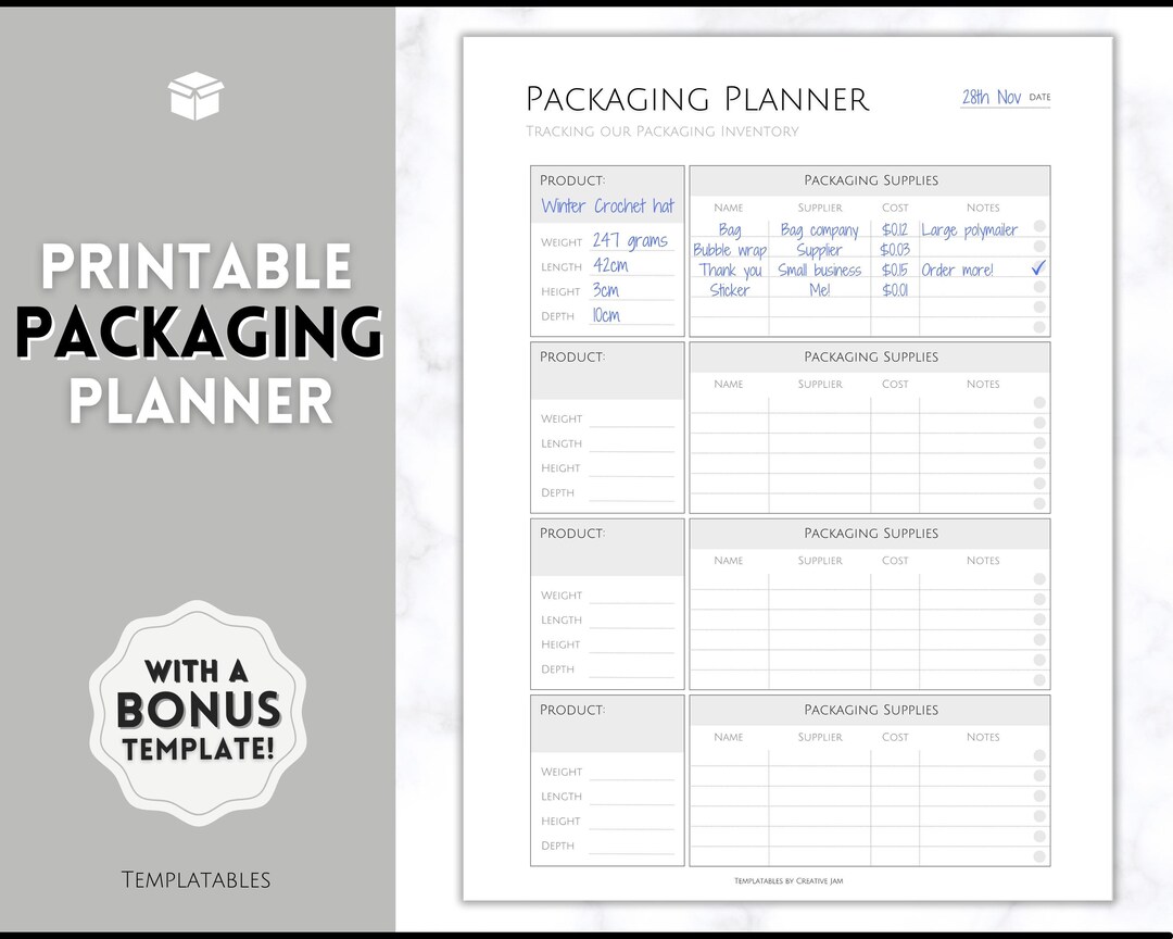 Packaging Planner Template, Small Business Plan, Packaging Supplies