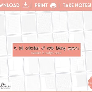 Puede incluir: Una colecci&oacute;n de papeles imprimibles para tomar notas en varios estilos de cuadr&iacute;cula y l&iacute;neas. Los papeles est&aacute;n disponibles en varios tama&ntilde;os. Descarga e imprime para usar en planificadores, diarios o cuadernos.