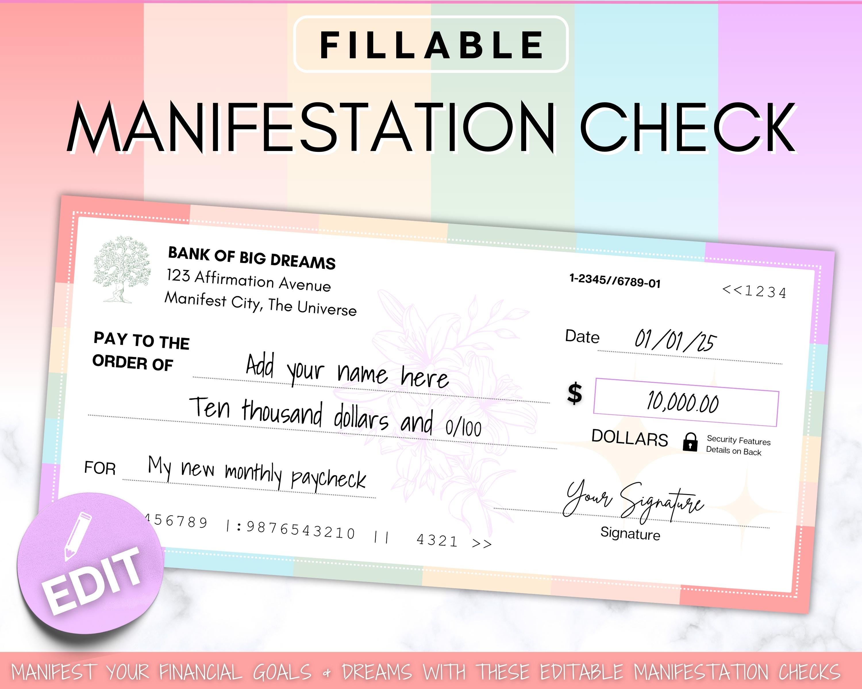 EDITABLE Manifestation Check Templates, Money Magnet, Vision Board, Law of Abundance, Manifestation Cheque, Blank Checks, visualization