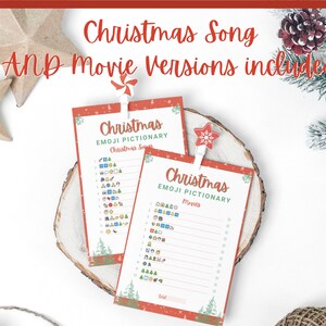May include: Two printable Christmas emoji game cards with red and green borders. The cards are titled "Christmas Emoji Pictionary" and feature a list of Christmas songs and movies to guess.