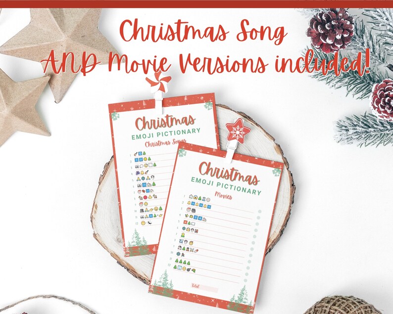 May include: Two printable Christmas emoji game cards with red and green borders. The cards are titled "Christmas Emoji Pictionary" and feature a list of Christmas songs and movies to guess.