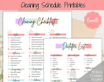 Puede incluir: Una lista de verificación de limpieza imprimible con un esquema de color rosa, melocotón y azul claro. La lista de verificación incluye tareas de limpieza diarias, semanales y mensuales para la cocina, el baño, las áreas de estar y los dormitorios. También incluye una lista de limpieza para el dormitorio principal, la oficina/espacio de trabajo, el baño n.º 1, el baño n.º 2 y las áreas de almacenamiento. El texto "Bundle" y "BONUS Printable Included!" también se incluye en la imagen.