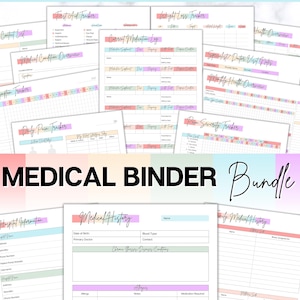以下が含まれることがあります： パステルカラーで、薬の記録、痛みの記録、病歴など、健康情報を追跡するためのさまざまなフォームが揃った、印刷可能な医療バインダーバンドルです。 「MEDICAL BINDER Bundle」というテキストは、太字の黒文字で印刷されています。