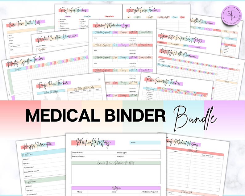 Medical Binder bundle, 50 Medical Planner pages, Medical Trackers | Printable Medication, Symptom, Bill, Doctor Visits, Health Pain trackers