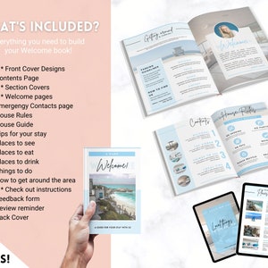 Peut inclure: Un ensemble de pages de livre de bienvenue imprimables pour les clients de location de vacances. Les pages comprennent un message de bienvenue, le r&egrave;glement int&eacute;rieur, des conseils pour le s&eacute;jour, des endroits &agrave; visiter, des endroits o&ugrave; manger, des endroits o&ugrave; boire, des choses &agrave; faire, comment se d&eacute;placer dans la r&eacute;gion, des instructions de d&eacute;part, un formulaire de commentaires, un rappel d'avis et une couverture arri&egrave;re. Les pages sont con&ccedil;ues dans un sch&eacute;ma de couleurs bleu clair et blanc avec un th&egrave;me de plage.