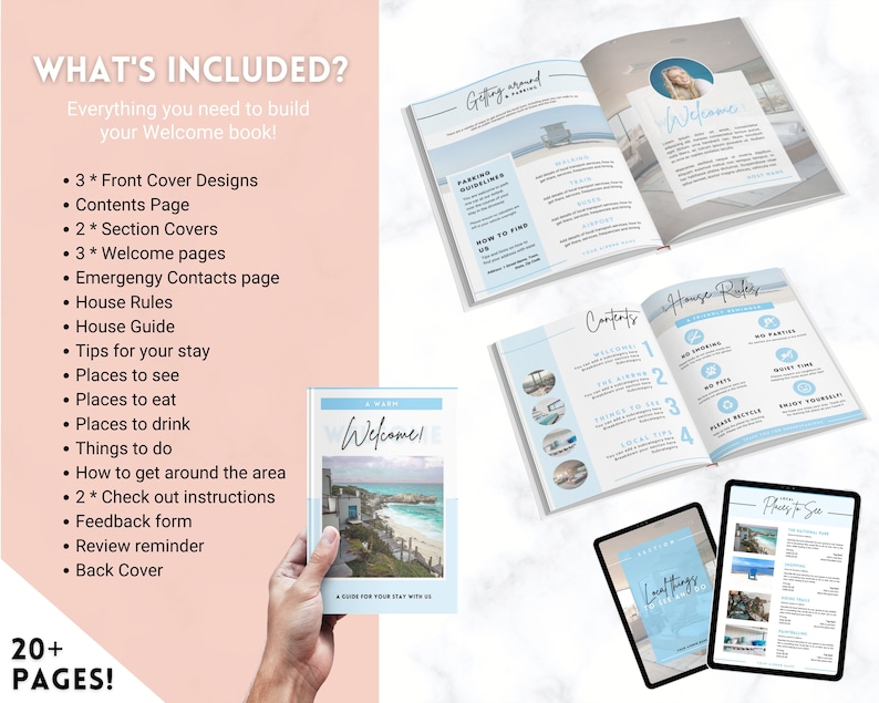 Peut inclure: Un ensemble de pages de livre de bienvenue imprimables pour les clients de location de vacances. Les pages comprennent un message de bienvenue, le r&egrave;glement int&eacute;rieur, des conseils pour le s&eacute;jour, des endroits &agrave; visiter, des endroits o&ugrave; manger, des endroits o&ugrave; boire, des choses &agrave; faire, comment se d&eacute;placer dans la r&eacute;gion, des instructions de d&eacute;part, un formulaire de commentaires, un rappel d'avis et une couverture arri&egrave;re. Les pages sont con&ccedil;ues dans un sch&eacute;ma de couleurs bleu clair et blanc avec un th&egrave;me de plage.
