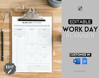 Work Planner, Work Day Organizer, Editable Daily Planner, Work from home To Do List Printable, Business, Office Organizer, Digital Schedule