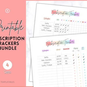 May include: Printable subscription tracker bundle with four sizes. The tracker includes a list of subscriptions, amount, renewal date, frequency, and a check box for each month of the year. The tracker is designed to help you keep track of your subscriptions and save money.