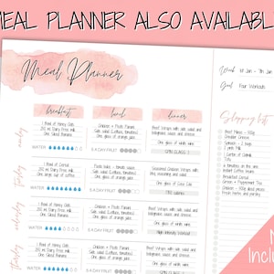 Op de afbeelding: Een printbare maaltijdplanner met een aquarel achtergrond. De planner bevat een wekelijks maaltijdplan met ontbijt-, lunch- en dineropties. Het bevat ook een boodschappenlijst en een sectie om trainingen bij te houden. De tekst op de planner zegt "Meal Planner" en "Not Included".
