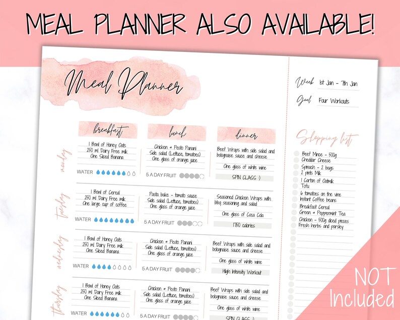 Op de afbeelding: Een printbare maaltijdplanner met een aquarel achtergrond. De planner bevat een wekelijks maaltijdplan met ontbijt-, lunch- en dineropties. Het bevat ook een boodschappenlijst en een sectie om trainingen bij te houden. De tekst op de planner zegt "Meal Planner" en "Not Included".
