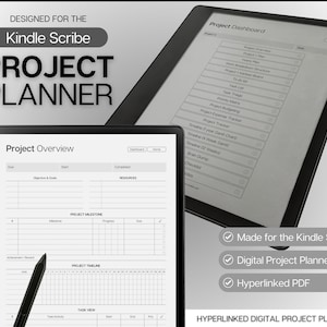 May include: A digital project planner designed for the Kindle Scribe. The image shows a black and white digital planner with sections for project overview, milestones, timeline, and task view. The planner is displayed on a Kindle Scribe e-reader.