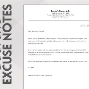 Könnte beinhalten: Ein weißes Briefpapier mit dem Text "Doctor's Excuse Notes" in vertikaler grauer Schrift. Das Dokument enthält den Namen, die Adresse und die Kontaktinformationen eines Arztes sowie eine Vorlage für eine ärztliche Entschuldigung.