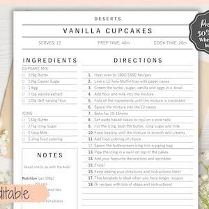 Recipe Book template, EDITABLE Recipe Sheet Template, Recipe Cards, Minimal Recipe Binder, 8.5x11 Printable Farmhouse, Food Planner Journal