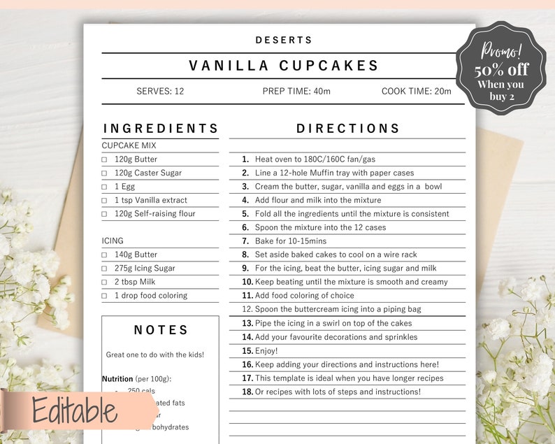 May include: Printable recipe card for vanilla cupcakes. The card includes a list of ingredients, directions, and notes. The card is designed to be editable and includes a nutrition label.