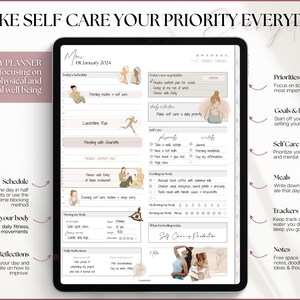 May include: A digital planner page with a pink and white color scheme. The page is titled "Make Self Care Your Priority Everyday." The page includes sections for daily schedule, self-care, meals, trackers, and notes. The page also includes illustrations of a woman meditating and a woman exercising.