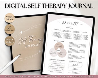 May include: Digital self-therapy journal with over 30 templates and bonus stickers. The journal features a beige background with white text and illustrations. The cover of the journal says "Self Therapy Journal". The journal includes information about Cognitive Behavioral Therapy (CBT) and how to challenge negative thoughts.
