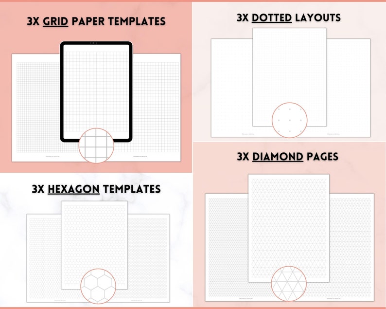 Puede incluir: Una imagen digital que muestra 3 tipos diferentes de plantillas de papel imprimibles: cuadr&iacute;cula, punteada y diamante. Cada plantilla se muestra en un conjunto de 3. La imagen se coloca sobre un fondo de m&aacute;rmol rosa y blanco.