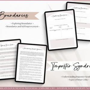May include: Three digital tablet screens with a pink and white background. The screens display printable worksheets for exploring boundaries, understanding imposter syndrome, and types of inner critic. The text "Boundaries", "Exploring Boundaries", "Boundaries and Self Improvement", "Imposter Syndrome", "Understanding Imposter Syndrome", and "Types of Inner Critic" are visible on the screens.