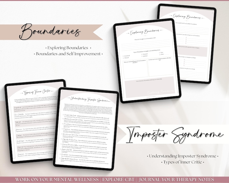 May include: Three digital tablet screens with a pink and white background. The screens display printable worksheets for exploring boundaries, understanding imposter syndrome, and types of inner critic. The text "Boundaries", "Exploring Boundaries", "Boundaries and Self Improvement", "Imposter Syndrome", "Understanding Imposter Syndrome", and "Types of Inner Critic" are visible on the screens.