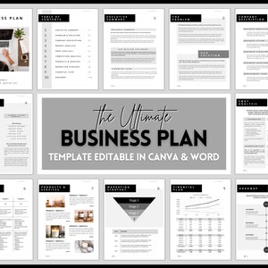 Pode incluir: Um modelo de plano de negócios em preto e branco com o texto "The Ultimate Business Plan" e "Template Editable in Canva & Word". O modelo inclui seções para análise de mercado, análise da concorrência, produtos e serviços, estratégia de marketing, plano financeiro e roteiro.