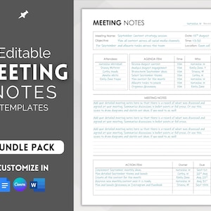 Meeting Minutes Template, Editable Meeting Notes, Printable Business Project Record, Agenda, Note Taking, Zoom, Canva, Word, Google Docs PDF