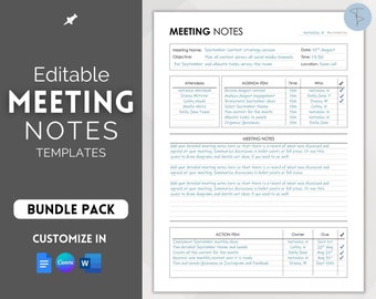 Meeting Minutes Template, Editable Meeting Notes, Printable Business Project Record, Agenda, Note Taking, Zoom, Canva, Word, Google Docs PDF