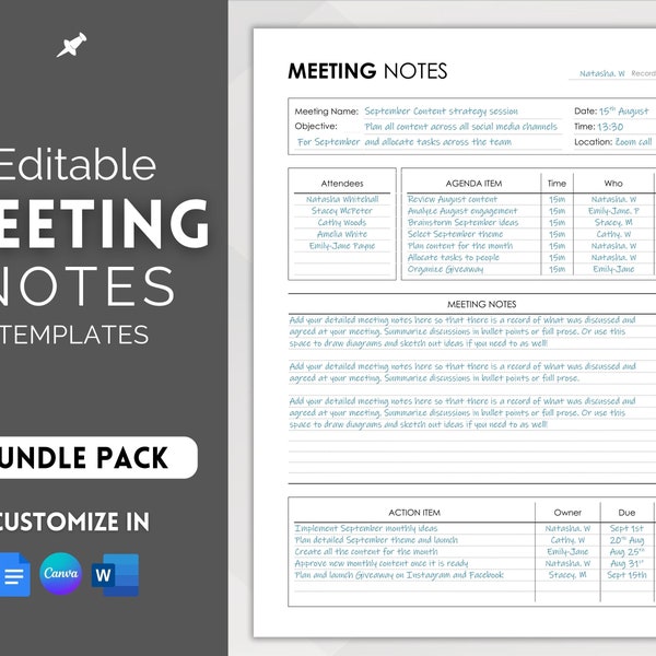 Meeting Minutes Template, Editable Meeting Notes, Printable Business Project Record, Agenda, Note Taking, Zoom, Canva, Word, Google Docs PDF