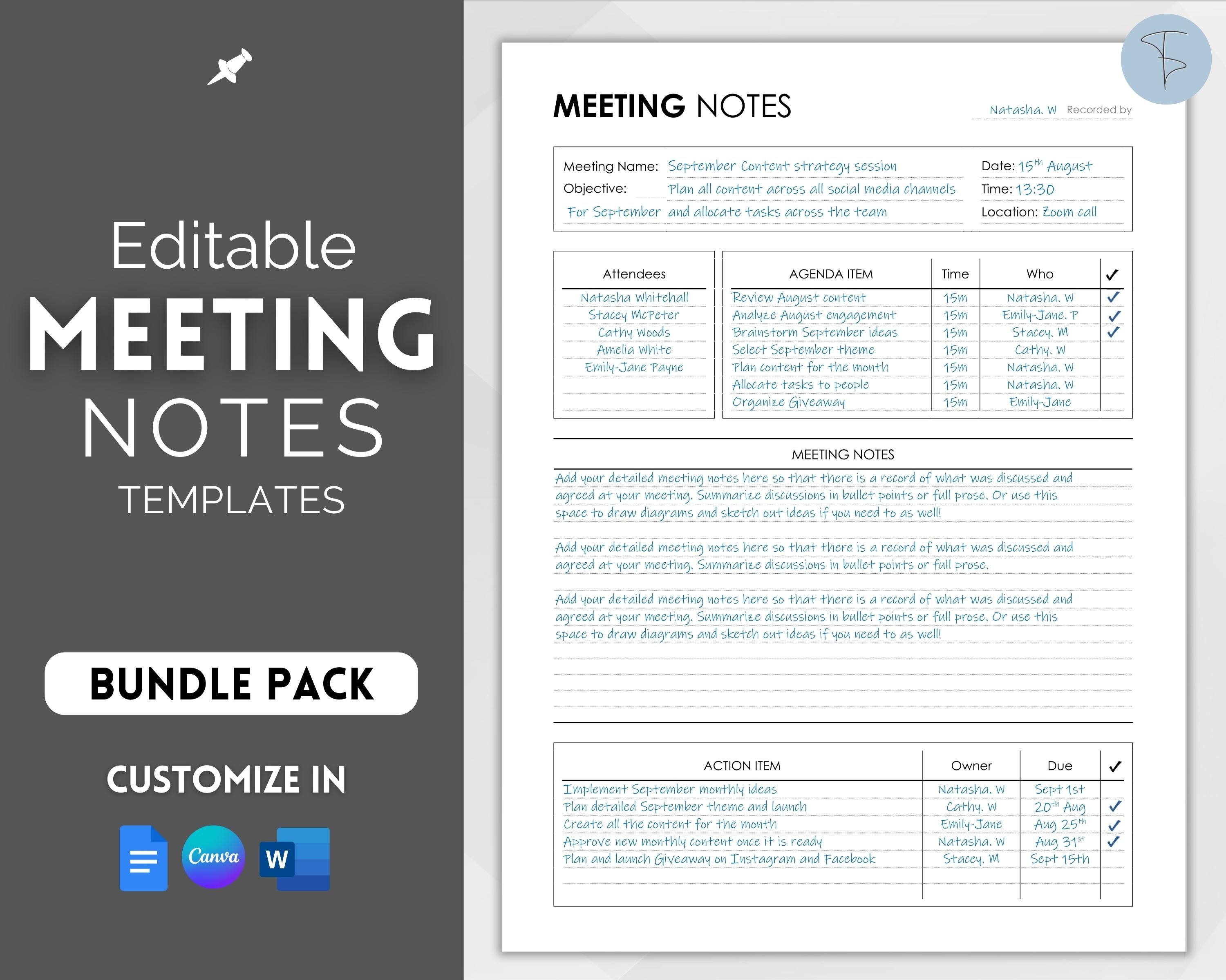 Meeting Minutes Template Editable Meeting Notes Printable Etsy UK