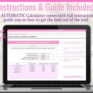 May include: A laptop screen displaying a debt payment payoff calculator worksheet. The worksheet includes fields for minimum payment, extra payment, total monthly payment, debt balance date, loan, balance owed, interest rate, and minimum payment. The worksheet is titled "Debt Payment Payoff Calculator".