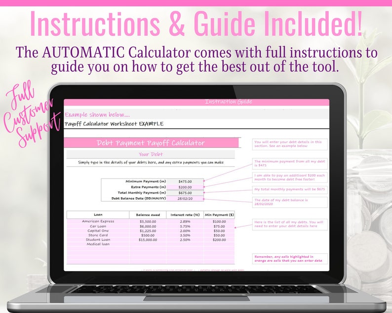 May include: A laptop screen displaying a debt payment payoff calculator worksheet. The worksheet includes fields for minimum payment, extra payment, total monthly payment, debt balance date, loan, balance owed, interest rate, and minimum payment. The worksheet is titled "Debt Payment Payoff Calculator".