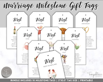 Marriage Milestone Wine Basket Tags, Printable Wine Bottle gift tags, Year of Firsts, Wedding, Bridal Shower Gift Basket, 2x3.5" Wine Labels