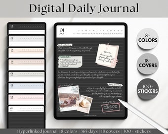 Digital Daily Journal, GoodNotes Notebook, Hyperlinked Digital Planner, iPad Diary, Stickers & Covers, Minimalist Note Taking Lined Template