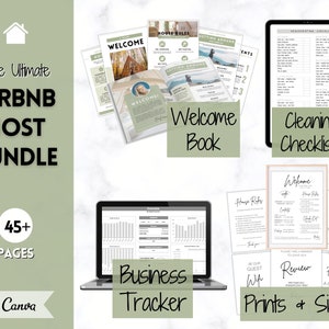 Könnte beinhalten: Ein digitales Marketing-Kit für Airbnb-Gastgeber, mit einem Willkommensbuch, Reinigungschecklisten, einem Business-Tracker und druckbaren Schildern. Das Kit umfasst über 45 Seiten und wurde mit Canva erstellt.